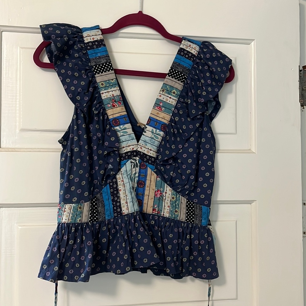 Let Me Be Anthropologie blue patchwork top